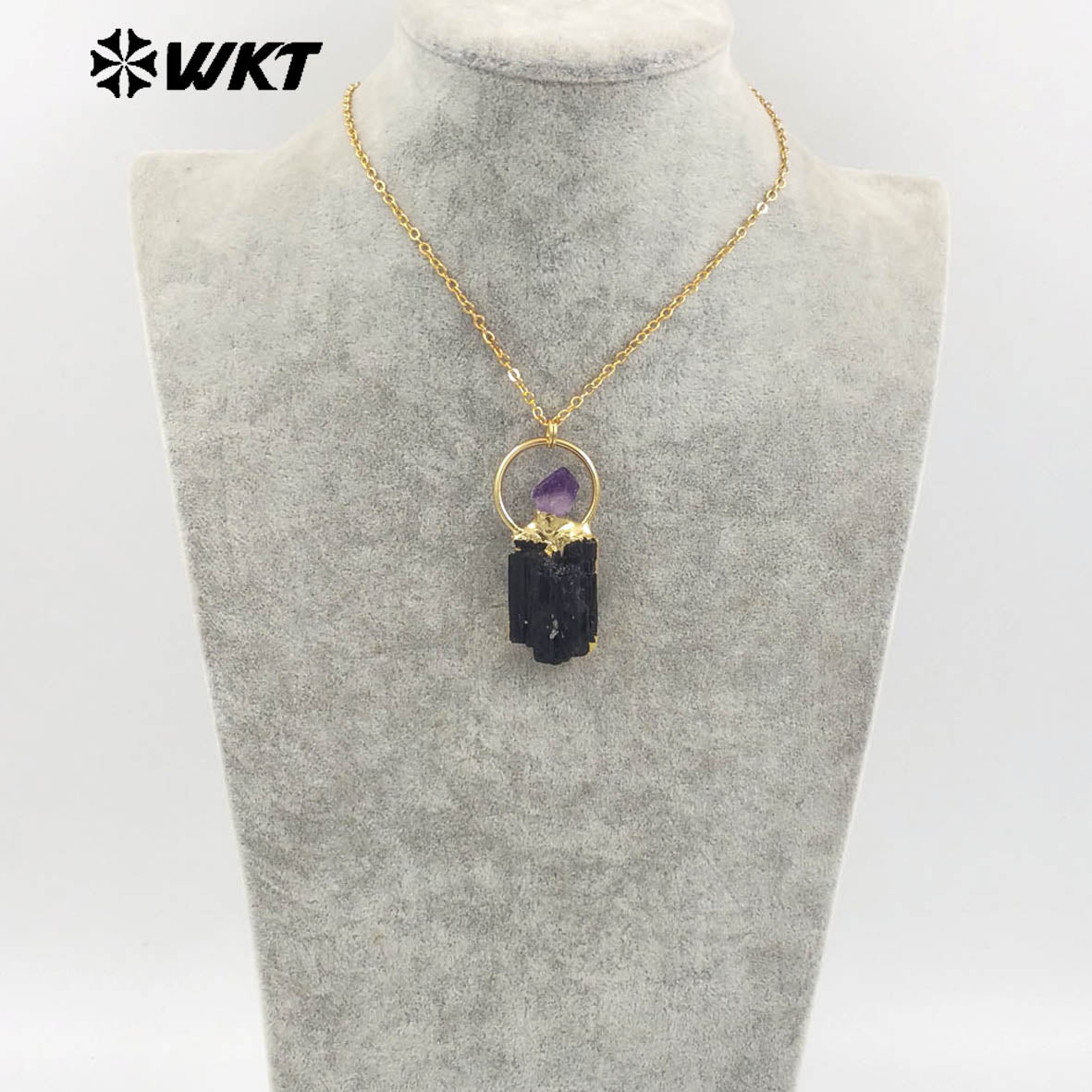 WT-N1467 Amazing Gold Plated Energy Healing Black Tourmaline With Amethyst Stone Pendant Necklace for Birthday Jewelry