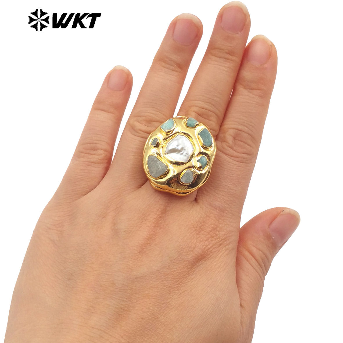 WT-MPR086 Wholesale Fashion 18K Gold Plated Handmade Amazonite Tiny Stone Decorative With Pearl Women Cocktail Ring