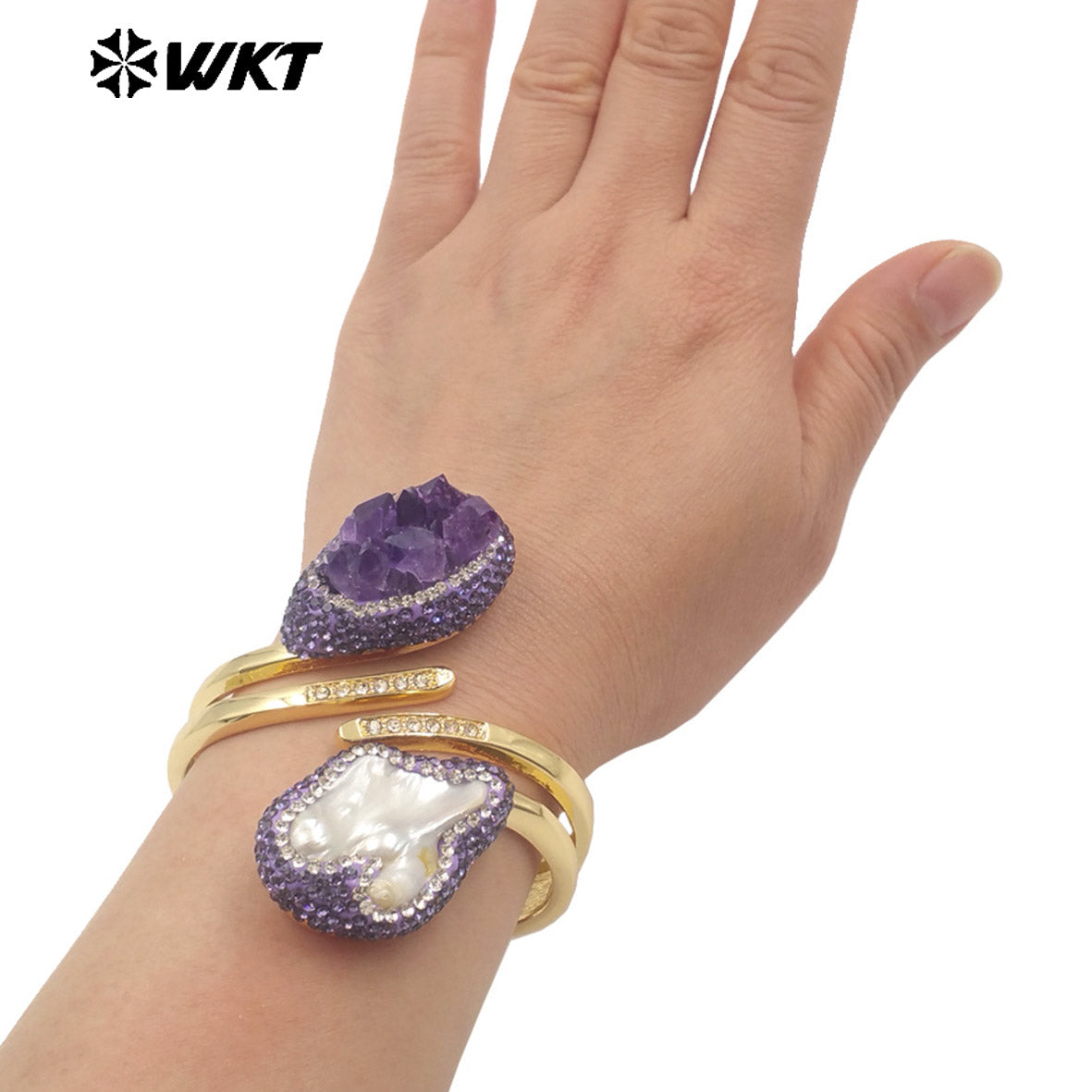MPB126 Newest Unique Design 18K Gold Plated Natural Amethyst Stone and Pearl Bangle in Adjustable Size for Women Jewelry