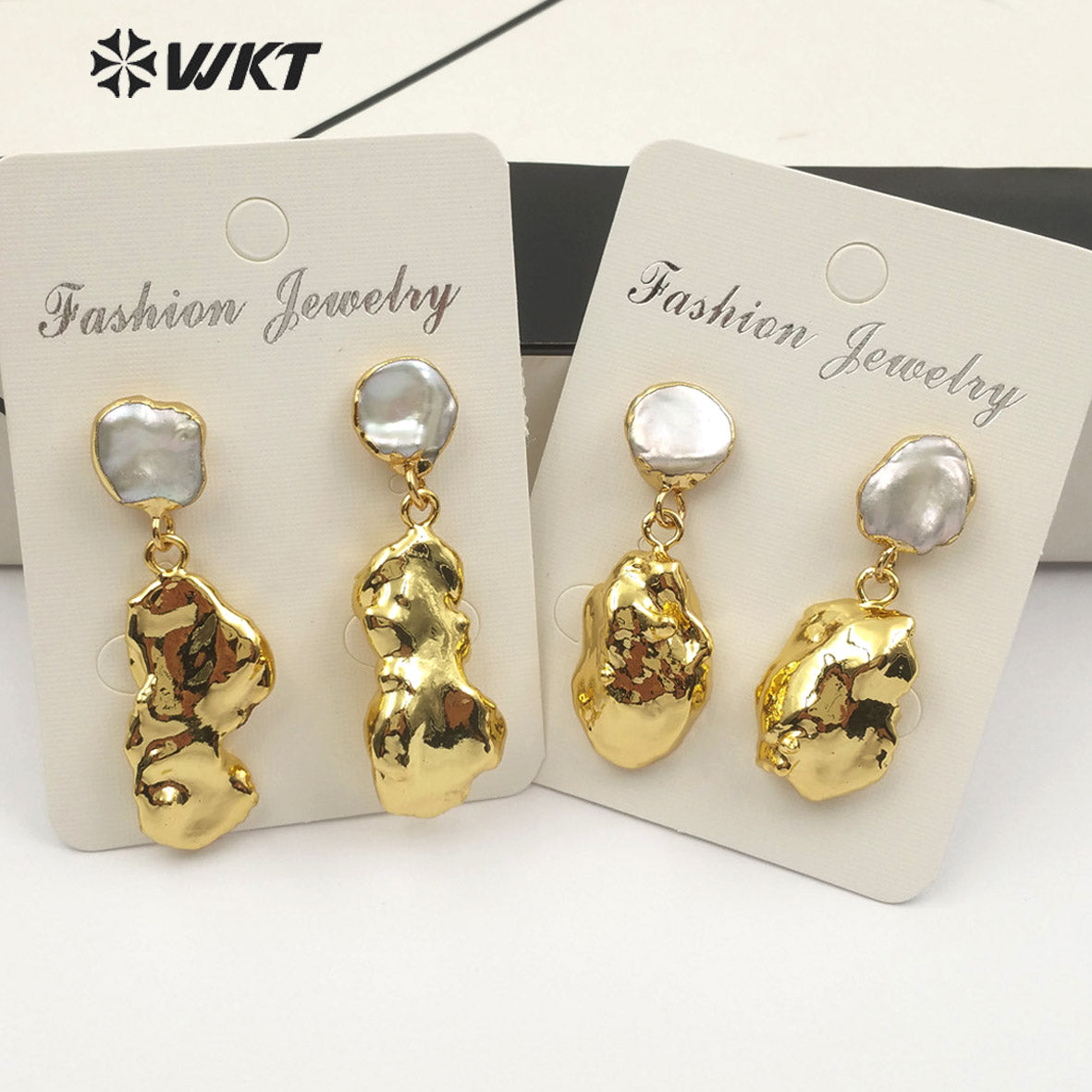 WT-E490 Boho Gift for Women Freshwater Pearl Stud With Random Shape Double Pearl Jewelry Full Gold Dipped Baroque Pearl Earring