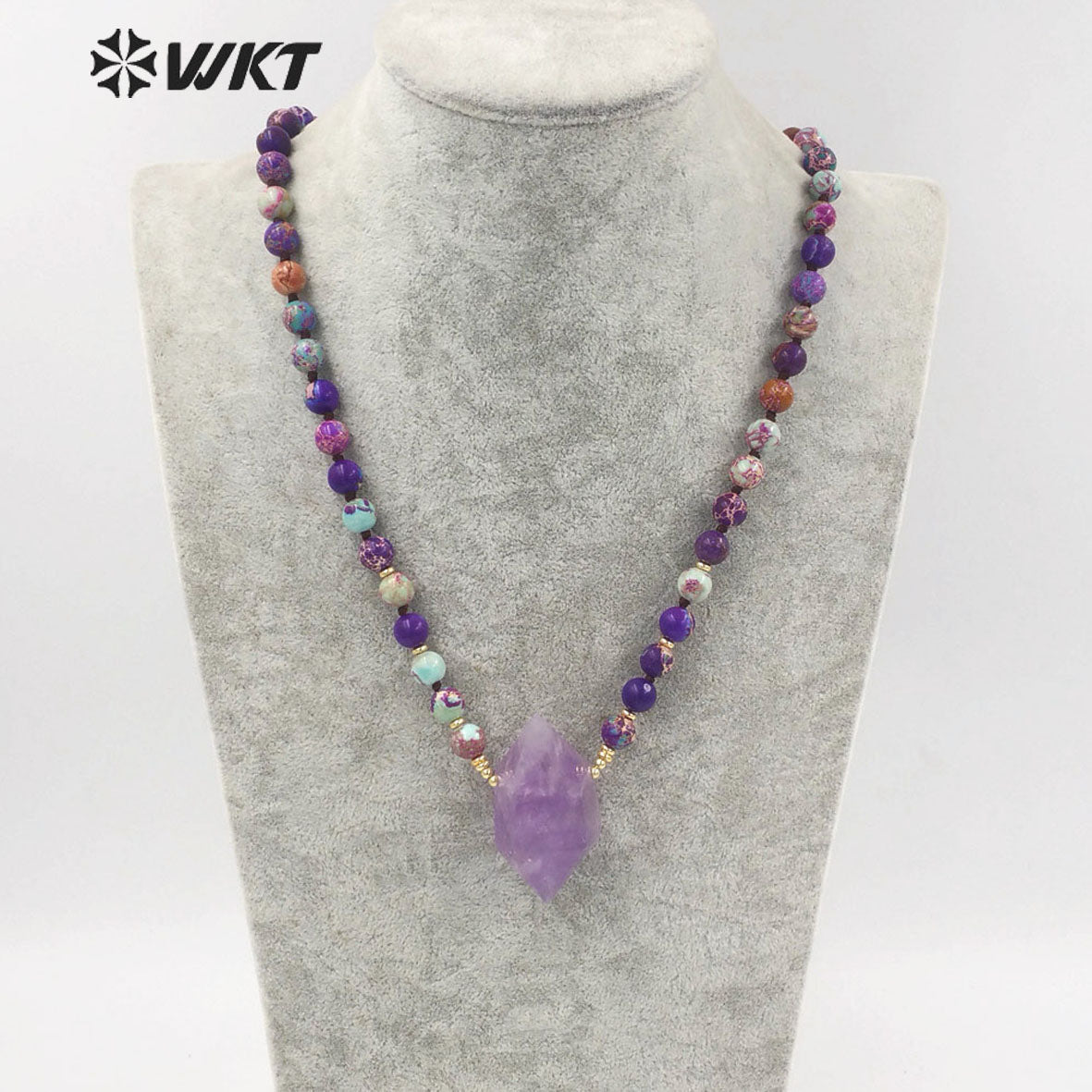 WT-N1374 Charming Natural Amethyst Pendant Bohemia Bead Chain Colorful Jasper Bead Necklace Women Gifts Natural Crystal Necklace