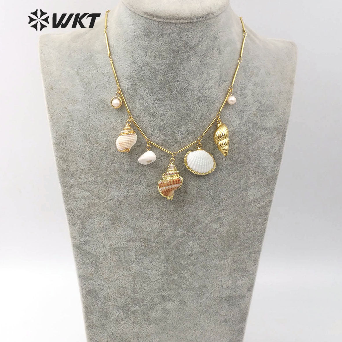 WT-JN098 New Design Natural Pearl and Trumpet Shell Necklace With Gold Electroplated Fashion Seashell Jewelry Necklace