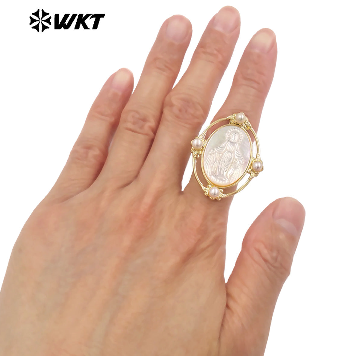 WT-MPR105 WKT Exclusive Newest 18K Real Gold Plated Oval Pearl Shell Virgin Mary Ring in Open Size Christian Jewelry