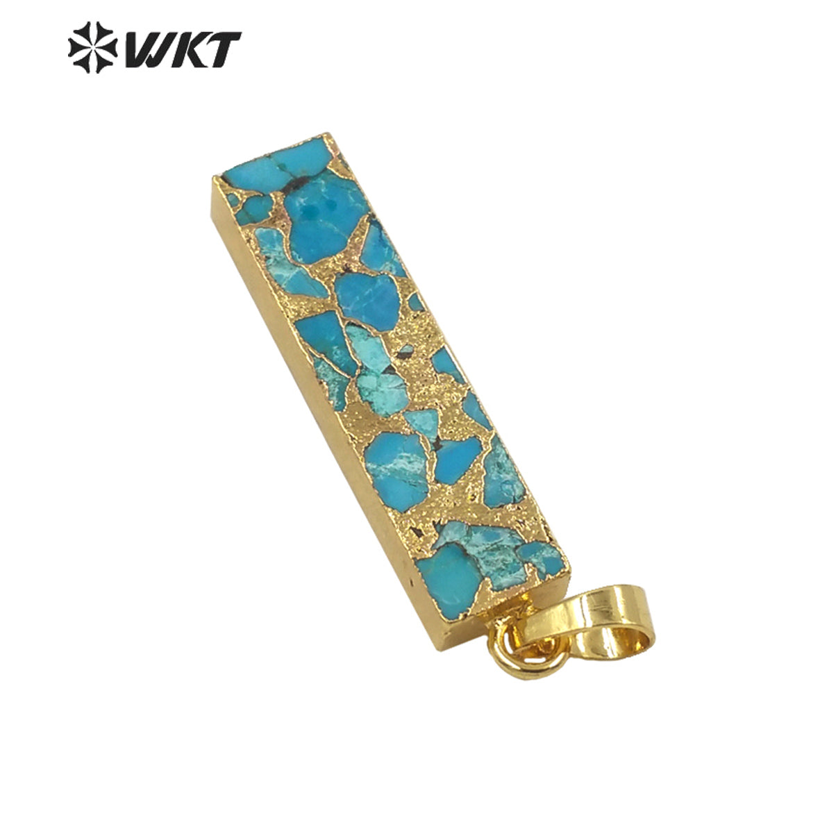 WT-P1697 Wholesale Natural New Copper Turquoise Long Bar Pendant Gold Electroplated Trim Rectangle Stone Pendant Jewelry