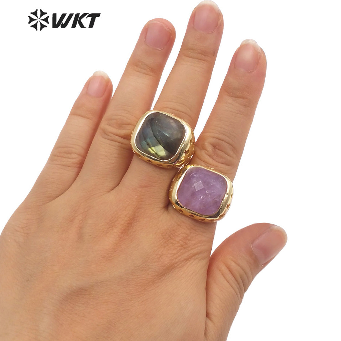 WT-R442 Wholesale Fashion 18k Gold Plated Resist Tarnishable square Gemstone Women Ring Amethyst Bezel Setting Jewelry Ring