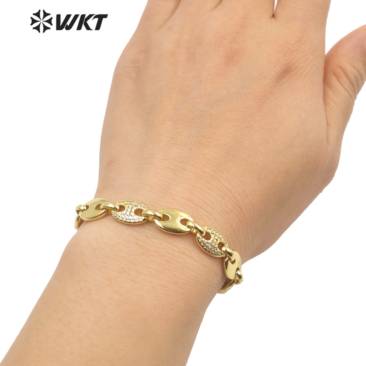 WT-MB119 Wholesale New Coffee Bean Cubic Zircon Chunky Chain Bracelet Europe 18k Real Gold Plated Big Chain Metal Bracelet
