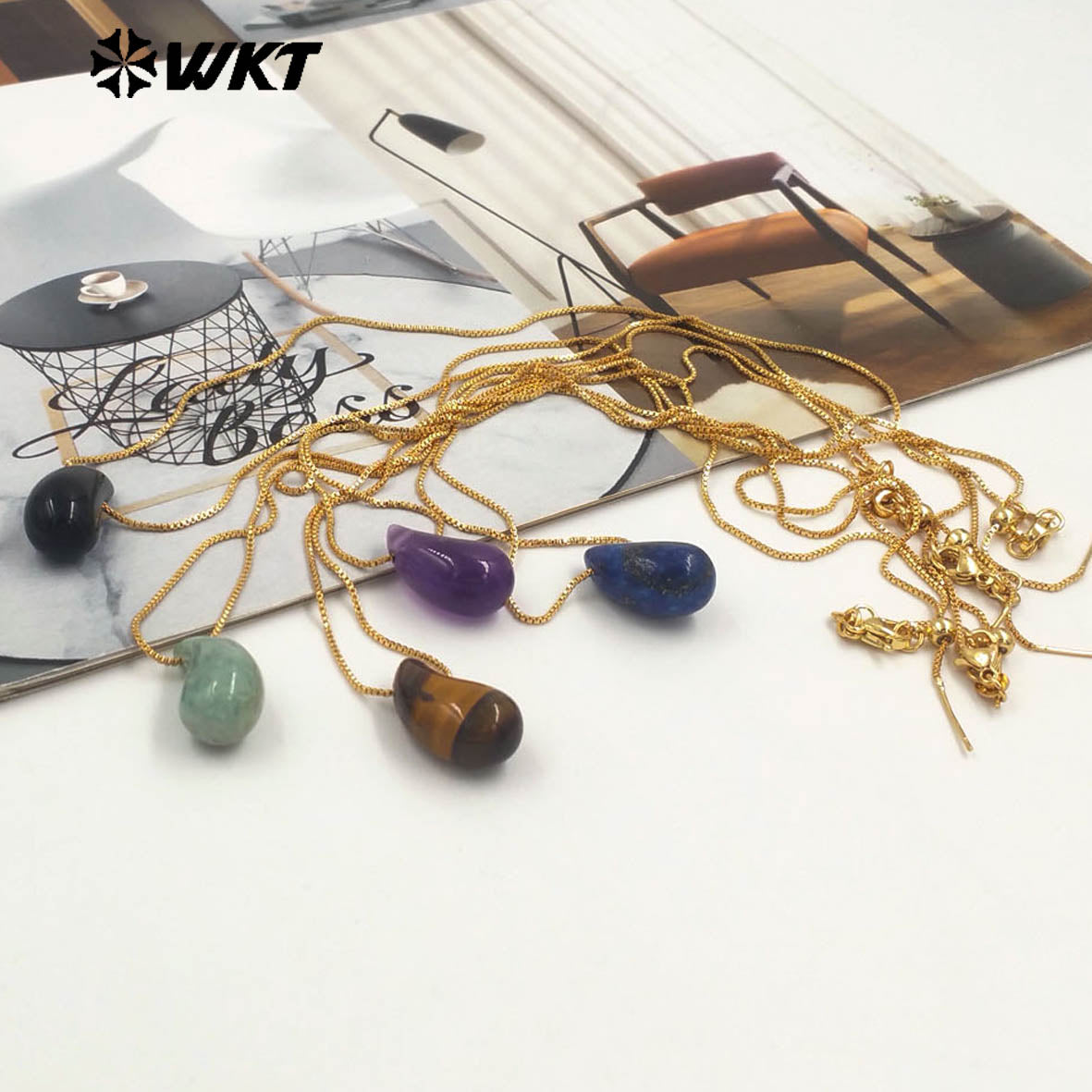 WT-N1483 WKT Wholesale New Design Natural Gemstone Necklace With Gold Color Tiny Chain Waterdrop Shape Female Birthday Jewelry