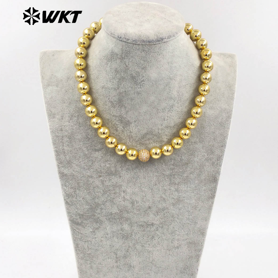 WT-JFN19 Wholesale New Handmade 12MM Big Round Brass Beads Fashion Lady Simple Cool 18k Real Gold Plated Metal Necklace