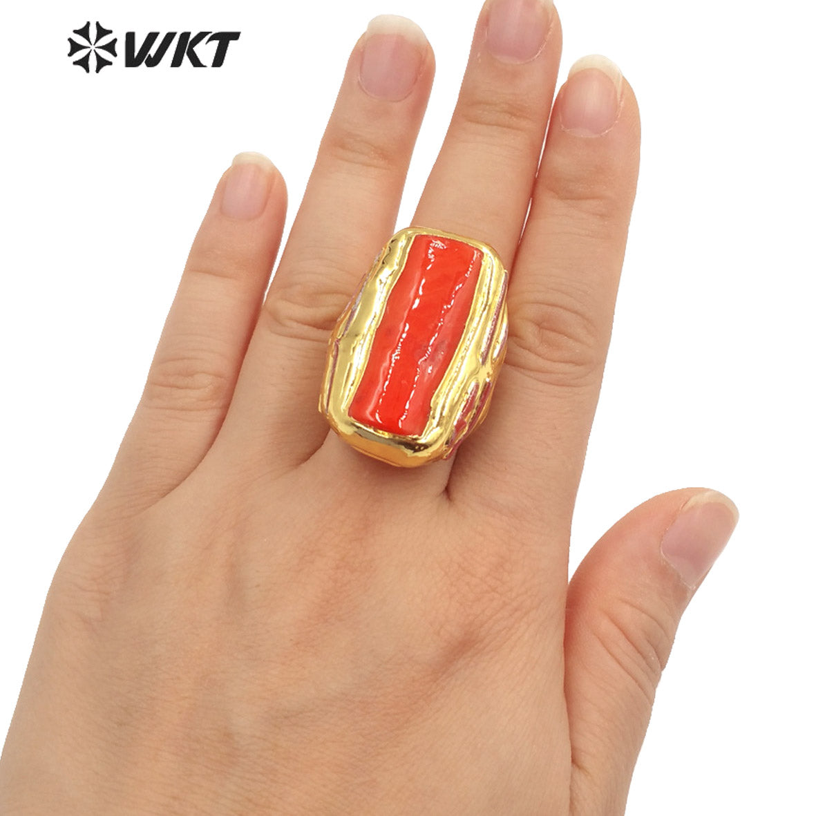 WT-MPR059 Trendy Romantic Freshwater Natural Red Coral 18k Gold Plating Ring Lovely Women Boho Ring for Gift