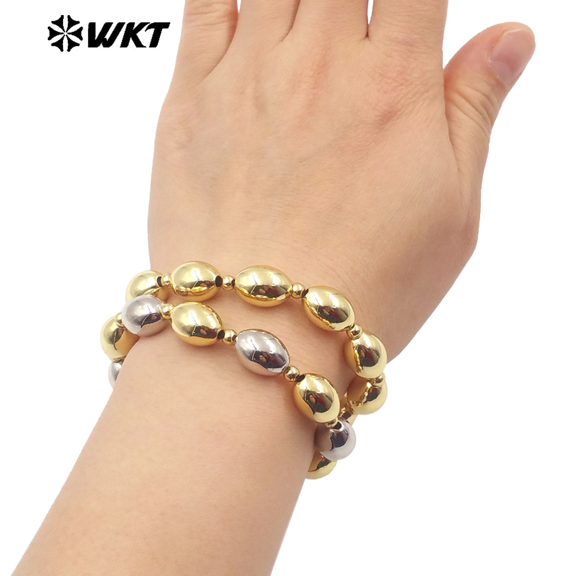 WT-JF348 Wholesale 18k Real Gold Plated Unique Steel and Gold Mixsure Bullet Brass Beads Stretch Bracelets