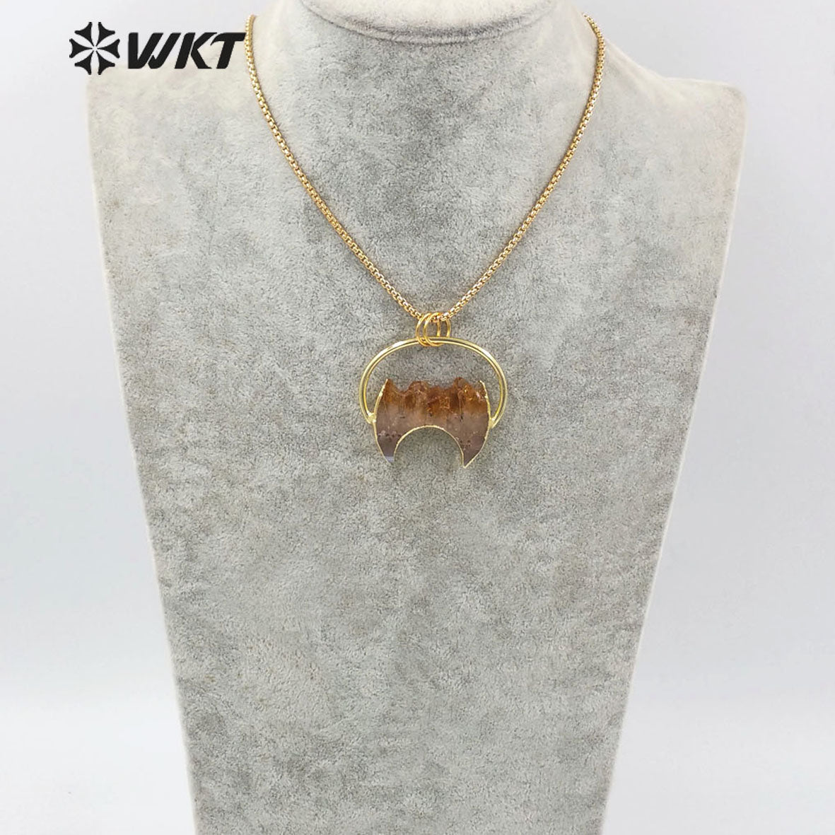 WT-N1267 WKT Amazing Design 18k Gold Plated Natural Yellow Citrine Quartz Crescent Horn Stone Necklace Precious Birthday Stone