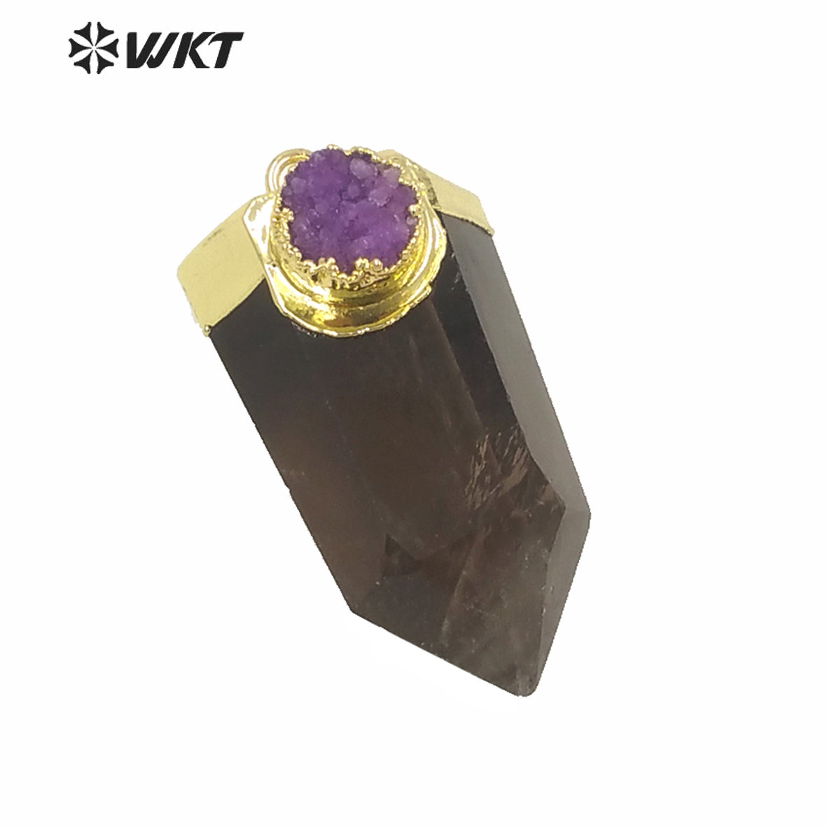 WT-P1607 Fashion Jewelry Gold Top Natural High Polish Smoky Quartz Point Pendant with Druzy Charm Women Popular Stone Spirit