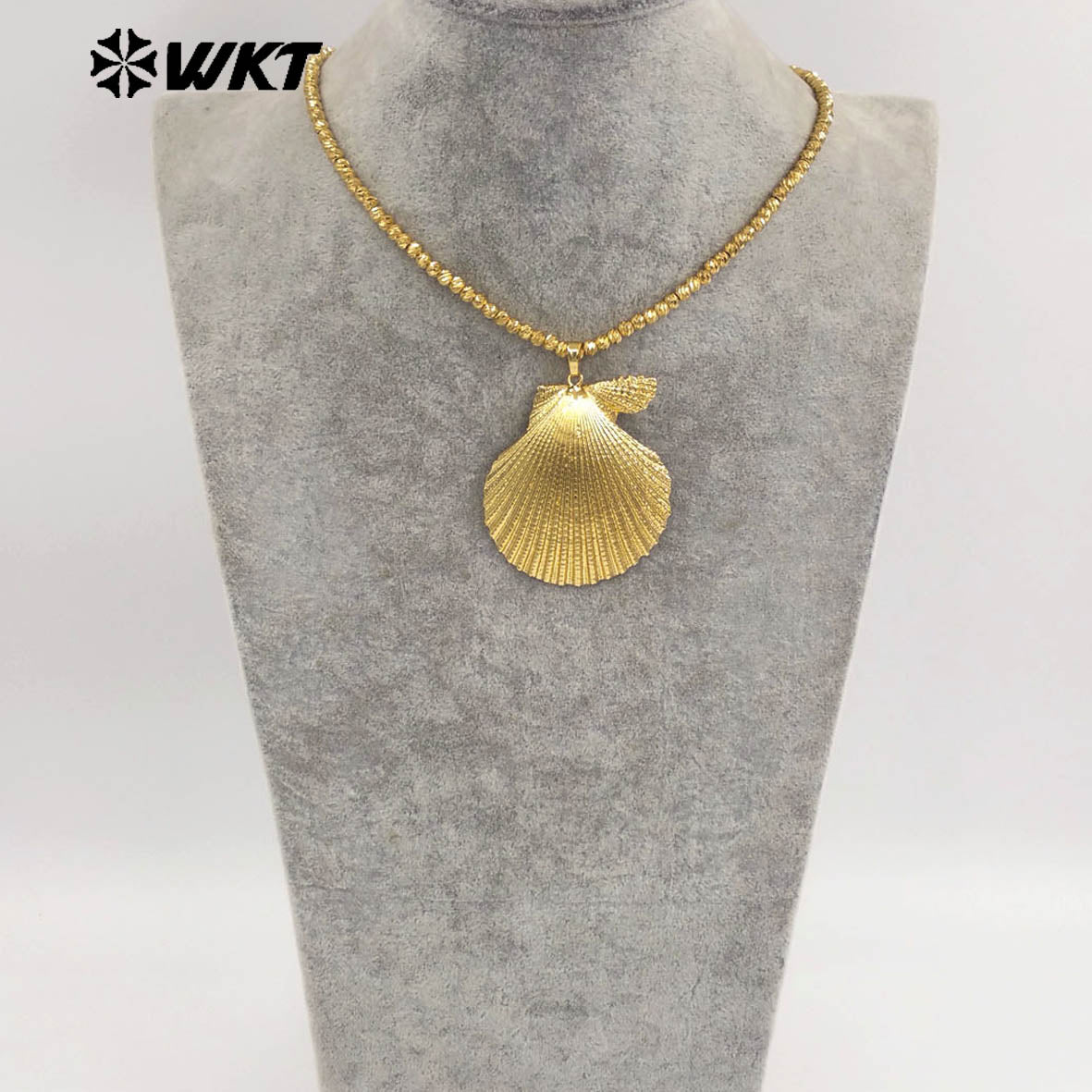 WT-JN343 Classic Design Beads Chain With Full Gold Plated Natural Scallop Shell Pendants Women Necklace For Beach Vacation Match