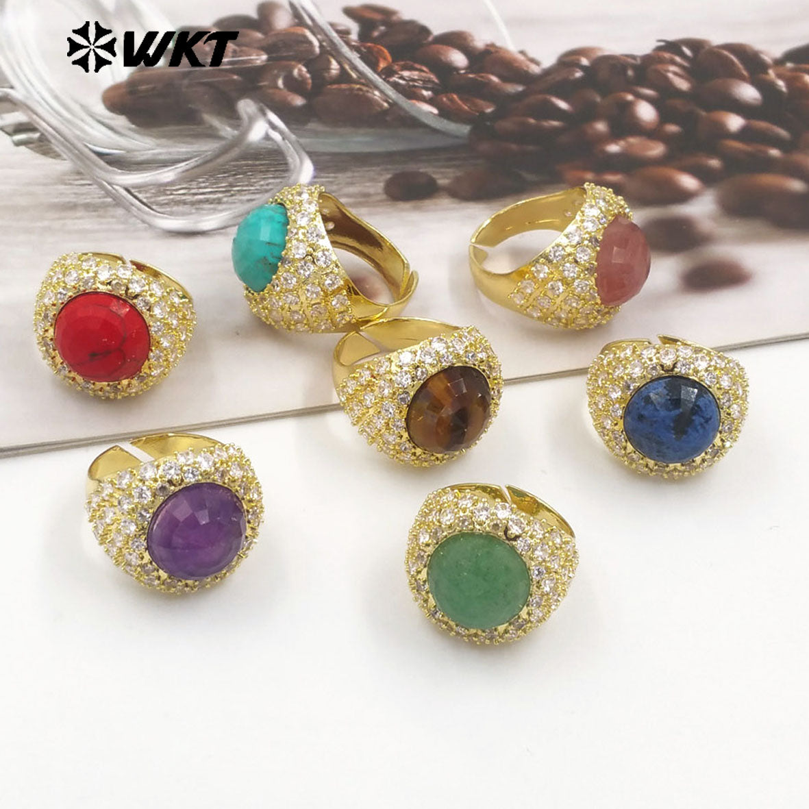 WT-MR027 Bling Series Big Unisex Cocktail Gemstone Setting With 18K Real Gold Plated Round Stone Rings in Open Size