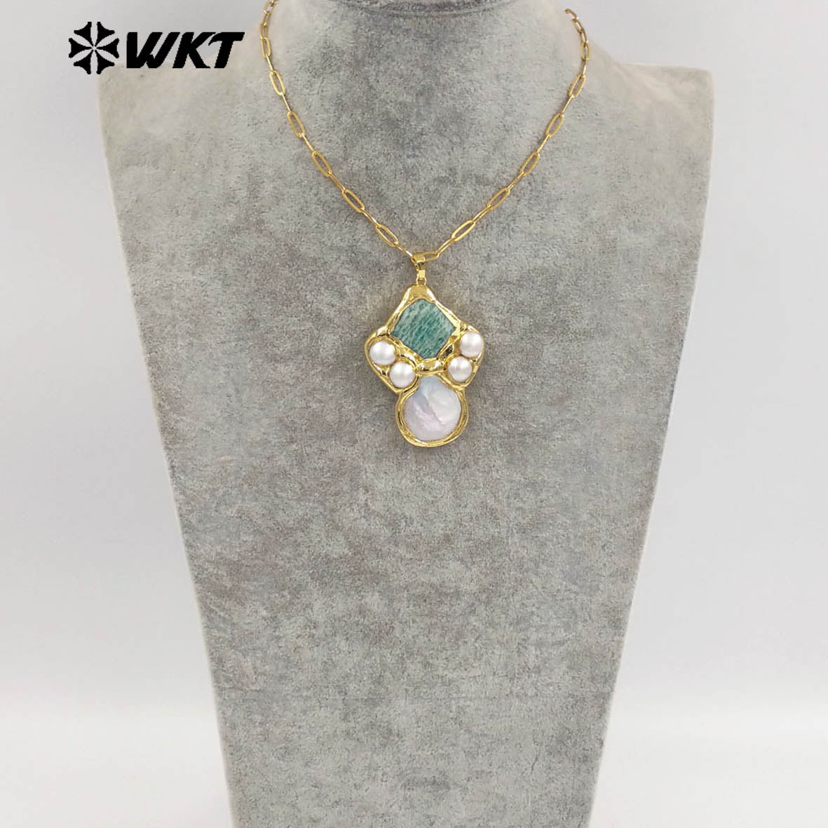 WT-JN345 Delicate Rectangle Chain With Gold Plated Natural Gemstones And Pearl Pendant Necklace For Unique Fashion Birthday Gift