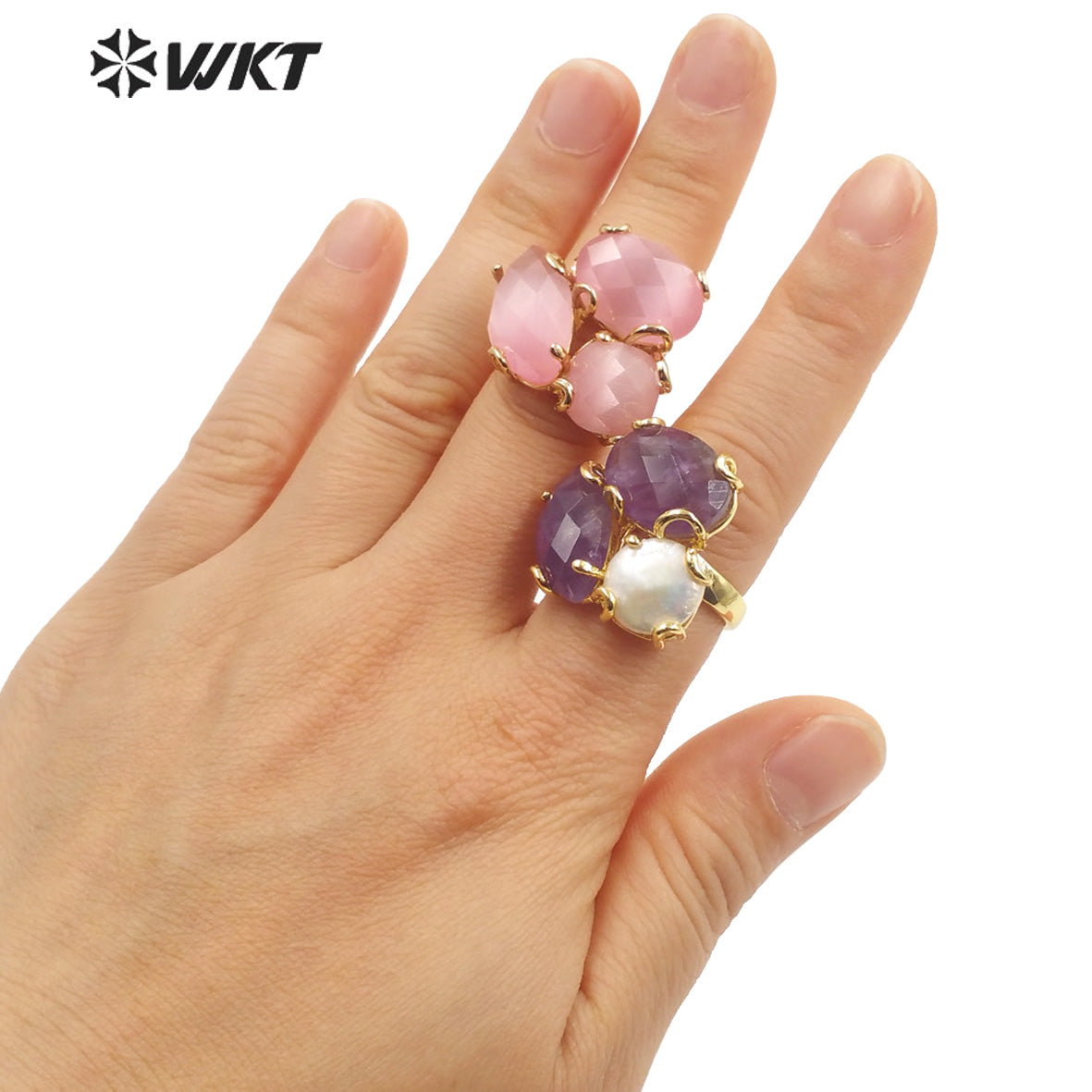 WT-R418 Women 18k Real Gold Plated Resist Tarnishable Triple Stone Prong Setting Natural Stone and Pearl Mix Party Ring