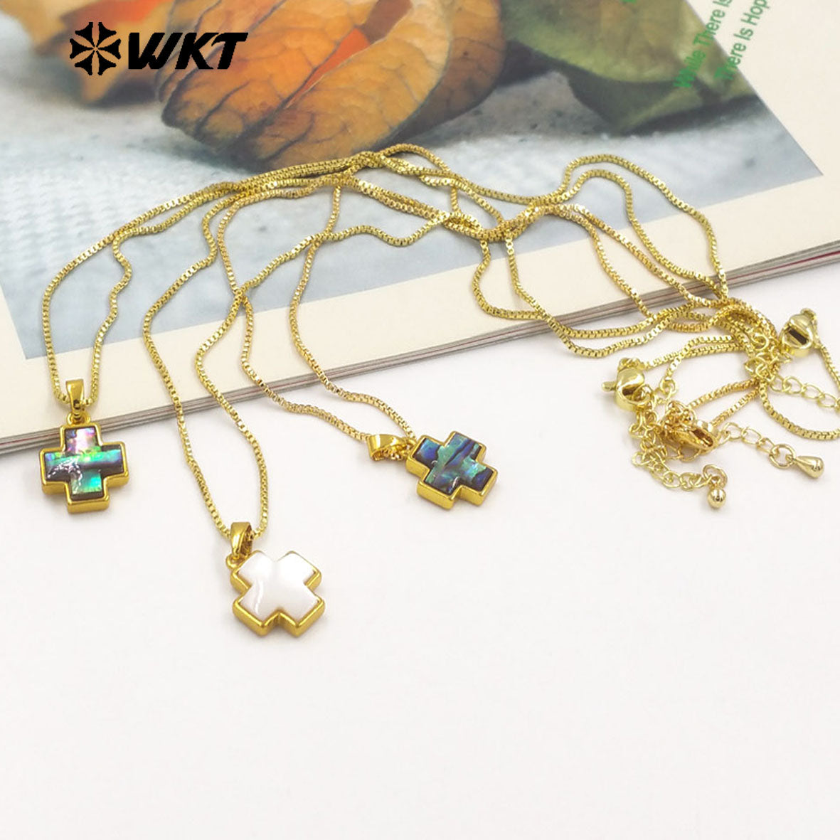 WT-JN283 Amazing Gold Plated Religious Natural Abalone Shell Cross Pendant Necklace for Women 10PCS