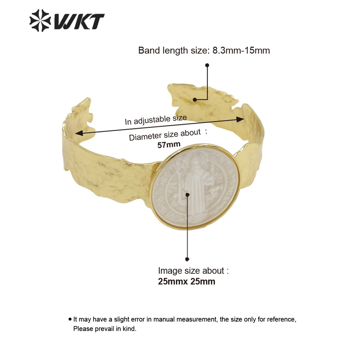 WT-MPB083 WKT New Religious Mother of Pearl St. Benedict Bangle Christian Virgin Mary Bangle Women Adjustable Shell Bangle