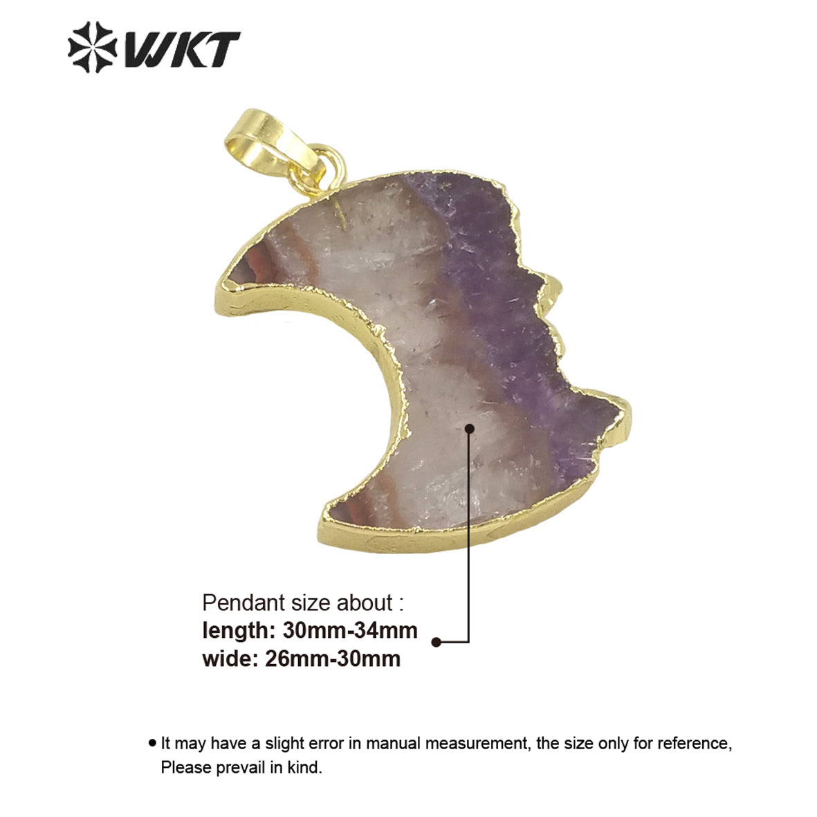 WT-P1714 Newest Fashon Gold Trim Slice Brazil Amethyst Moon Pendant Women Energy Natural Stone Carved Jewelry Pendant