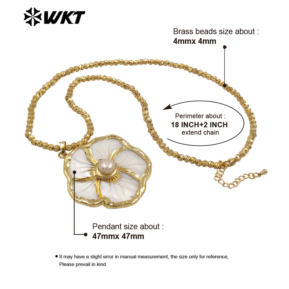 WT-JN342 Good Quality Gold Plated Natural White Shell And Pearl Flower Shape Pendant Necklace As Ladies Romantic Present