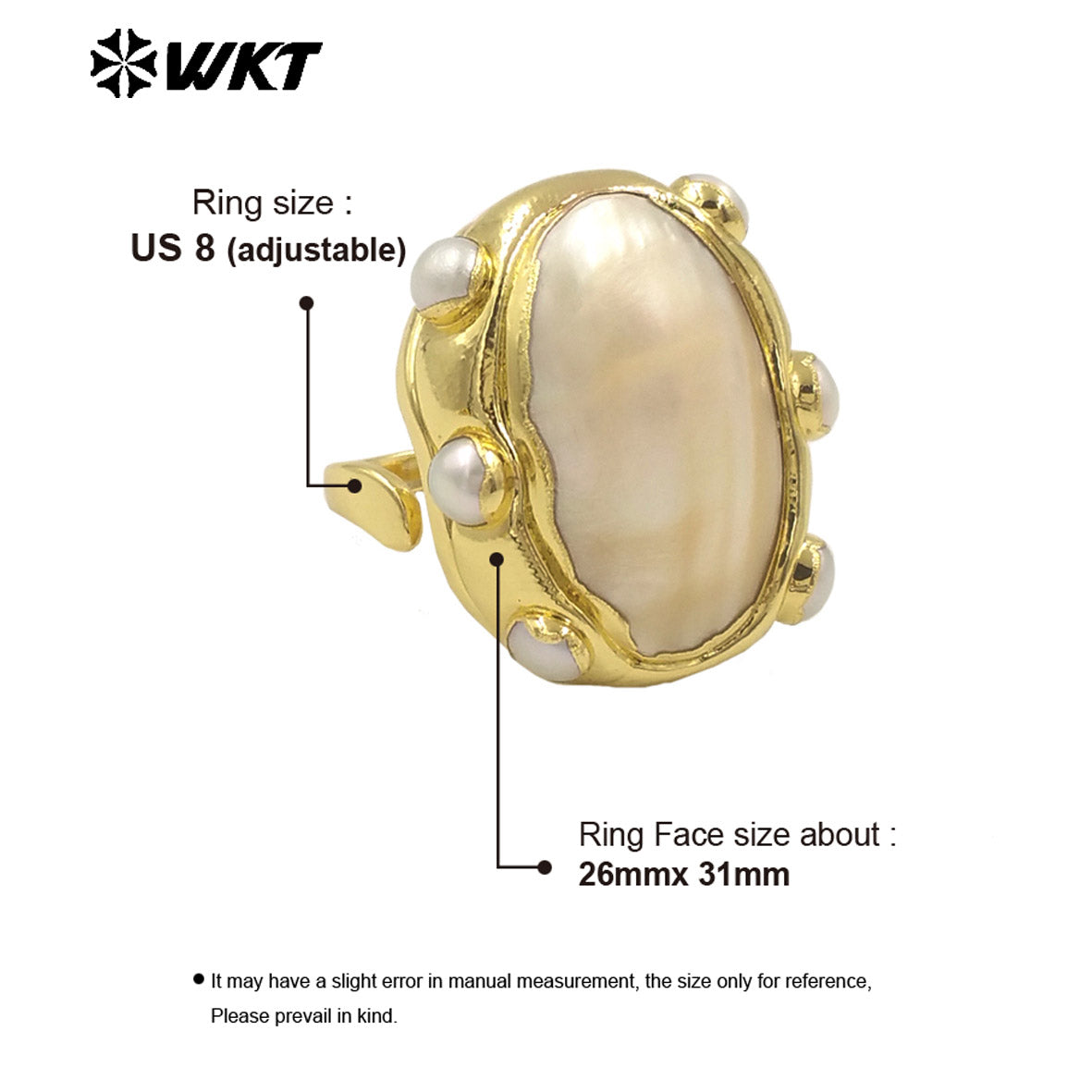 WT-MPR113 Wholesale18K Gold Plated Oval Adjustable Pink and White Pearl Combination Large Mabe Shell Ring As Anniversary Gift