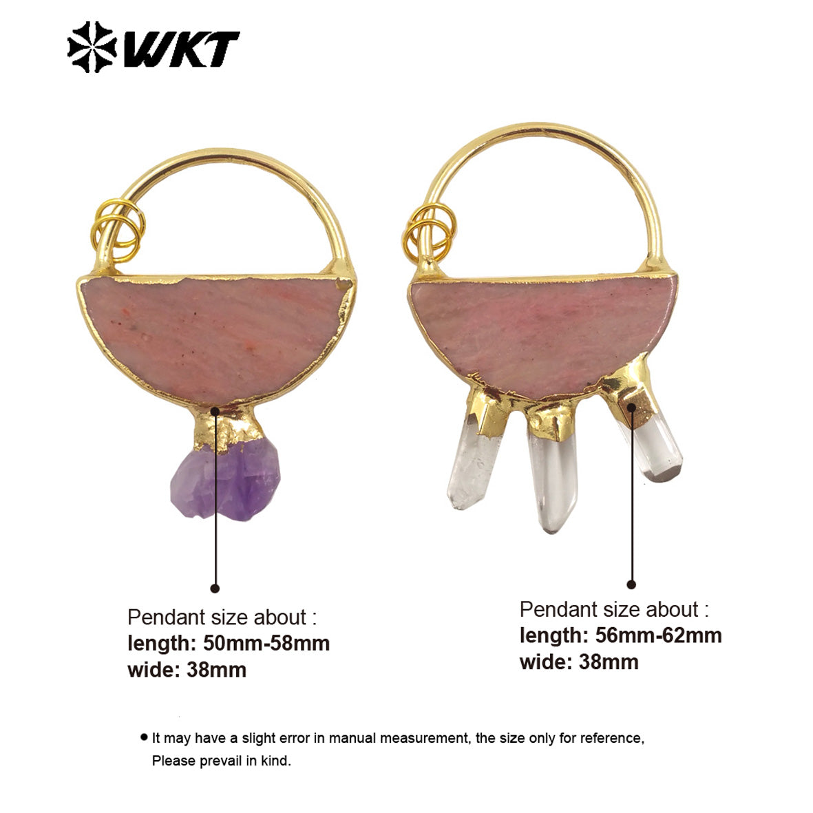 WT-P1969 WKT Unique Design Natural Stone Carved Half Circle Slice Rhodonite With Amethyst Quartz Pendant
