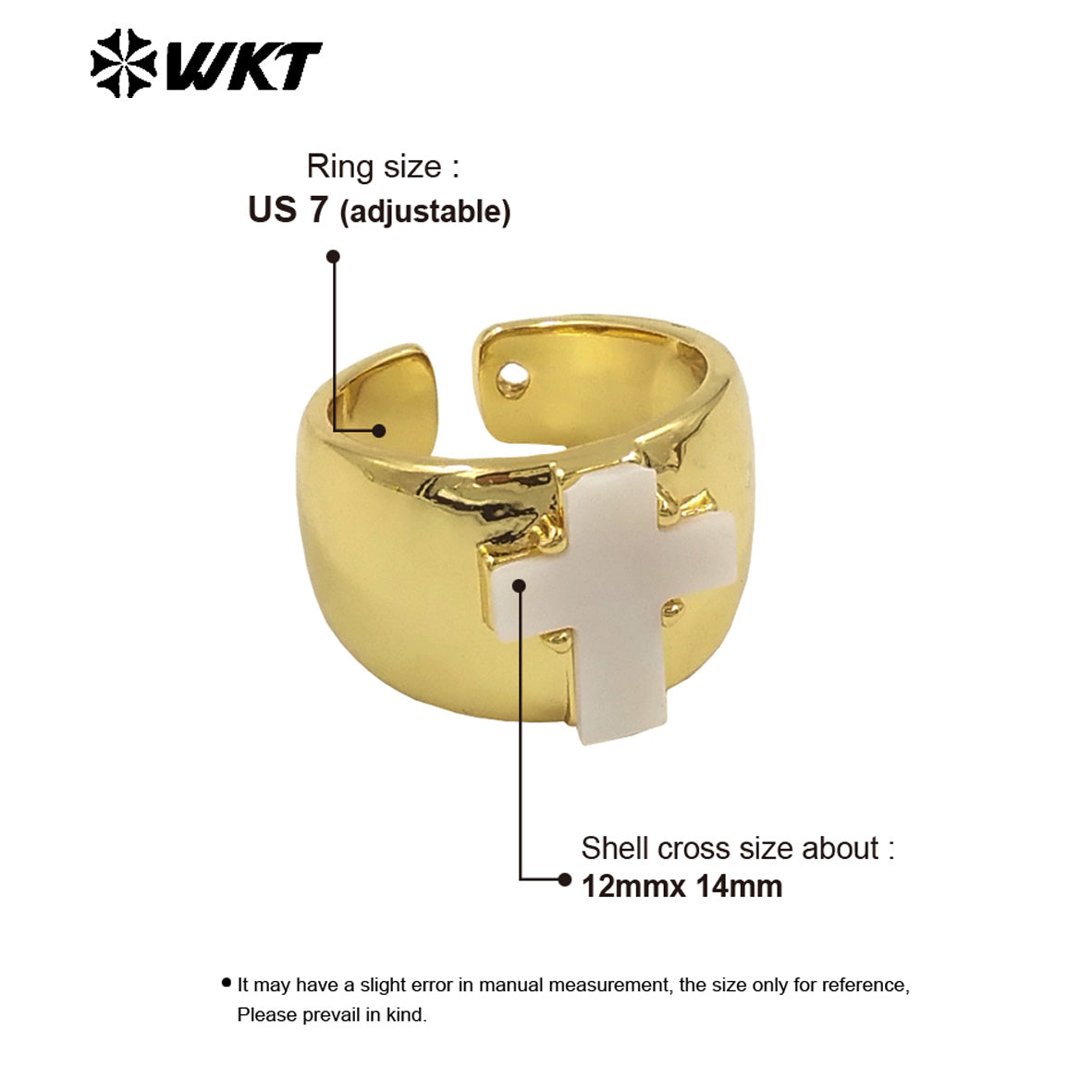 WT-MPR100 Wholesale New Religious Natural White Shell Made Cross Ring for Women 18K Real Gold Plated Brass Cocktail Wide Band