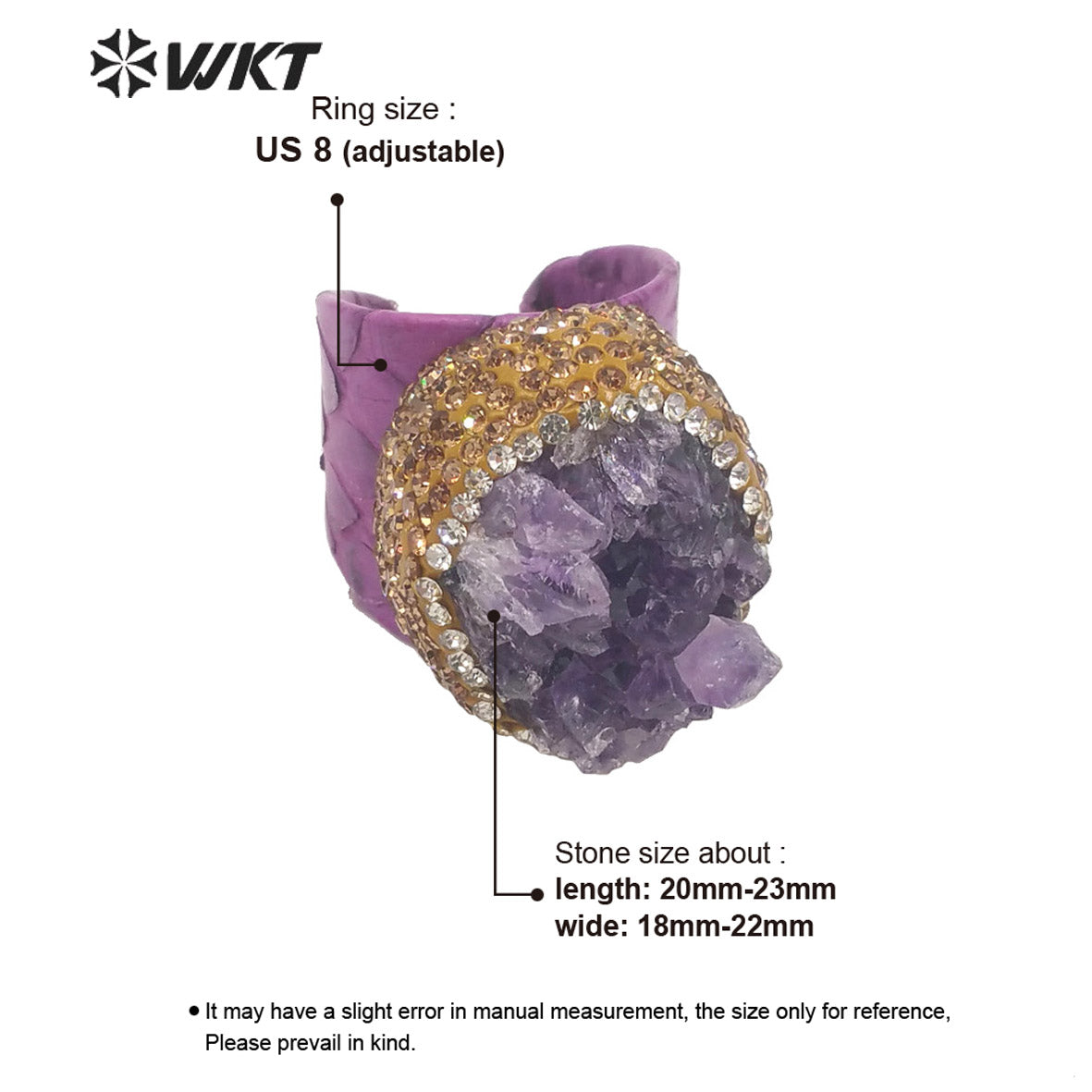 WT-R431 WKT New Design Rhinestone Hand Paved Natural Druzy Amethyst Stone Ring Women Gorgeous Genuine Leather Vintage Stone Ring