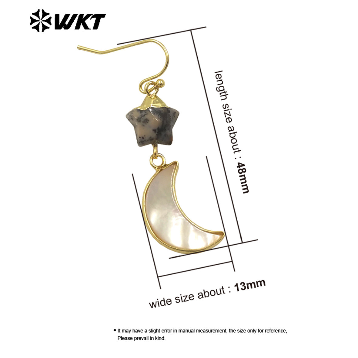 WT-MPE152 Lovely Design Natural Stone and Shell Star Earrings with Moon Shape Charms Gold Electroplated for Ladies Jewelry Gift