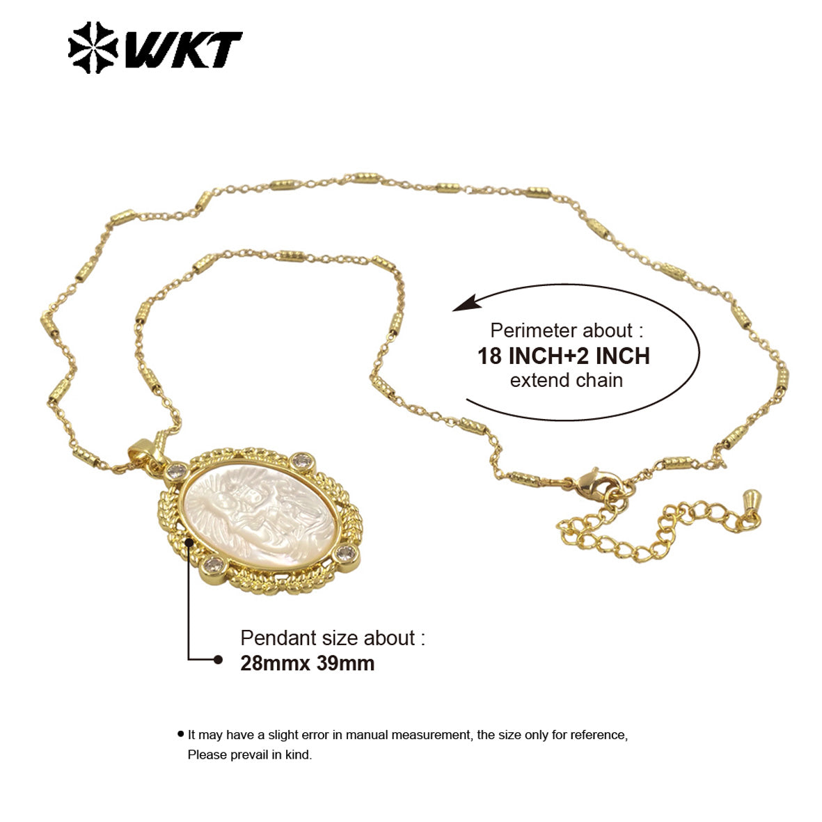 WT-JN274 Gorgeous New Design Elegant 18K Gold Bezel Setting Christian Religious Guardian Angel Shell Necklace