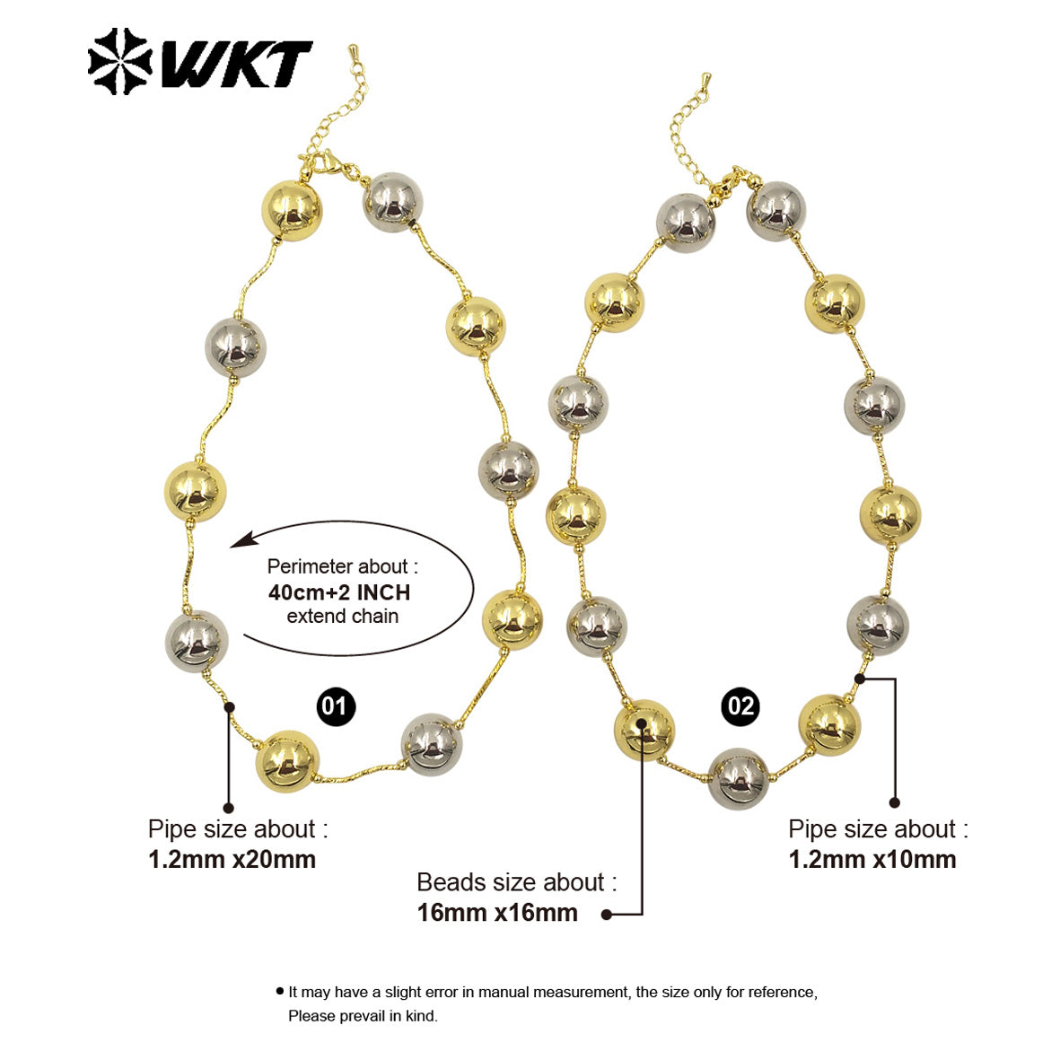 WT-JFN07 Wholesale Fashion 18K Gold Plated Resist Tarnishable Round Big Brass Ball Beads Necklace With Popular Connect Pipe