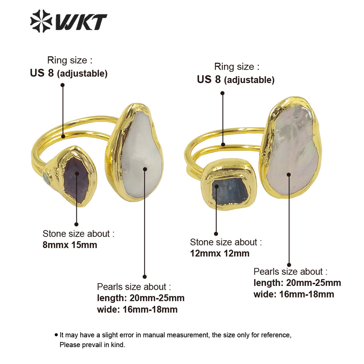 WT-MPR036 Refined Elegant Ladies Rings Blue Kyanite 18k Gold Plated Rings Open Adjustable Size Natural Pearl Gemstone Rings