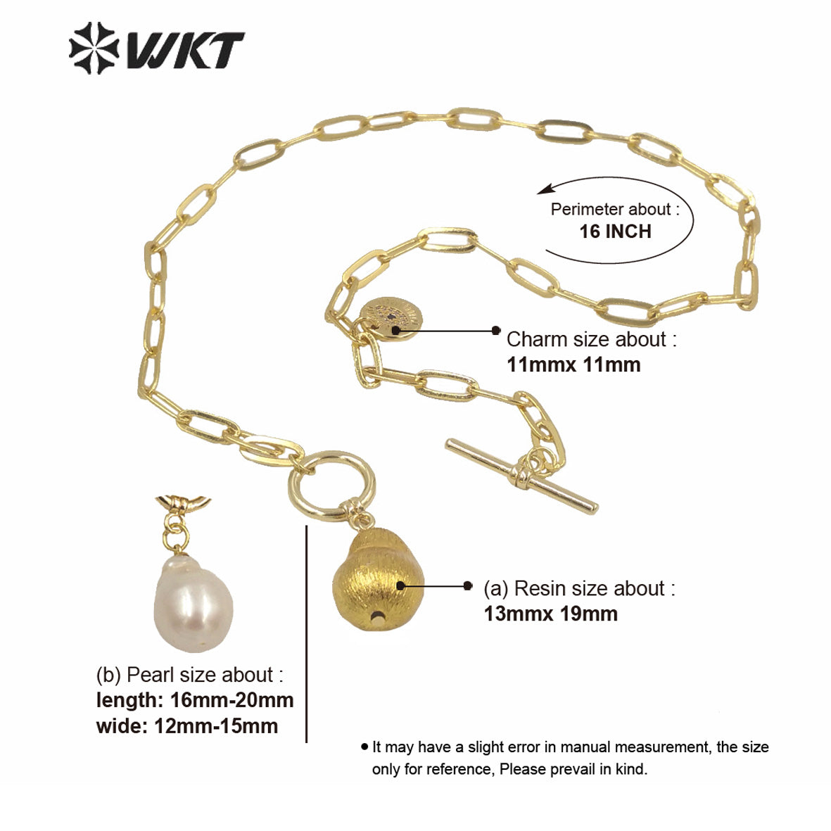 WT-JN129 WKT Wholesale Natural Freshwater Baroque Pearl Pendant Necklace Women Fashion Gold Brass Chain Casual Pearl Necklace