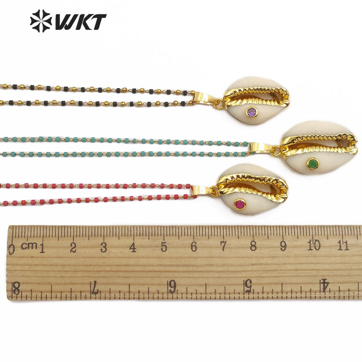 WT-JN097 WKT Jewelry Cowrie Necklace with Gold Plated Trim and CZ Stone Necklace Colorful Cz Necklace in Stock
