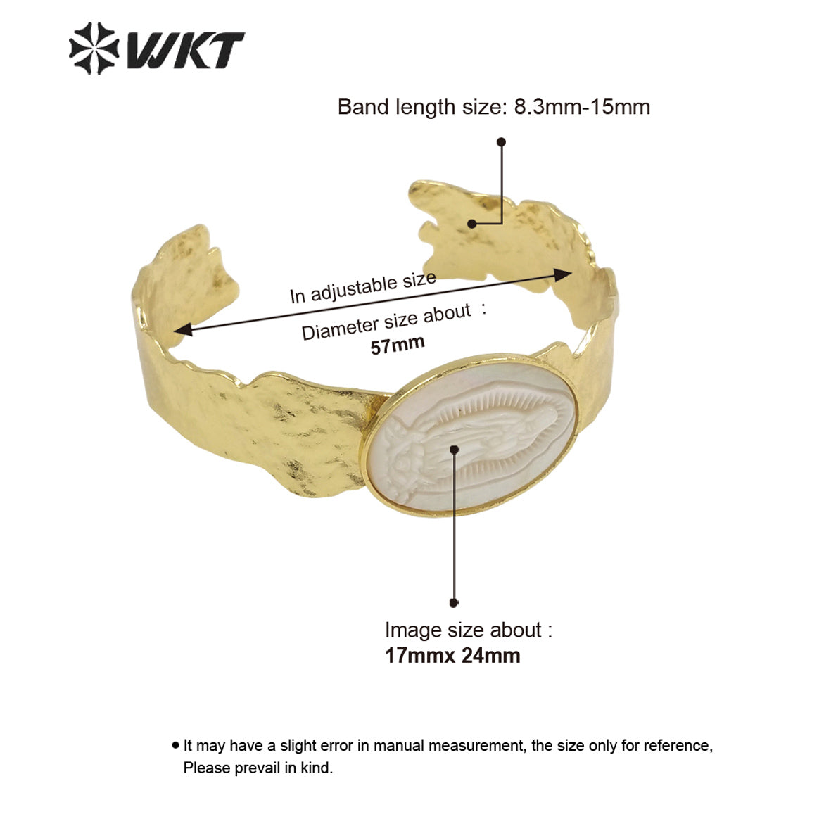 WT-MPB084 WKT New Religious Mother of Pearl Lady of Grace Bangle Saint Miraculous Shell Bangle Jewelry for Christian