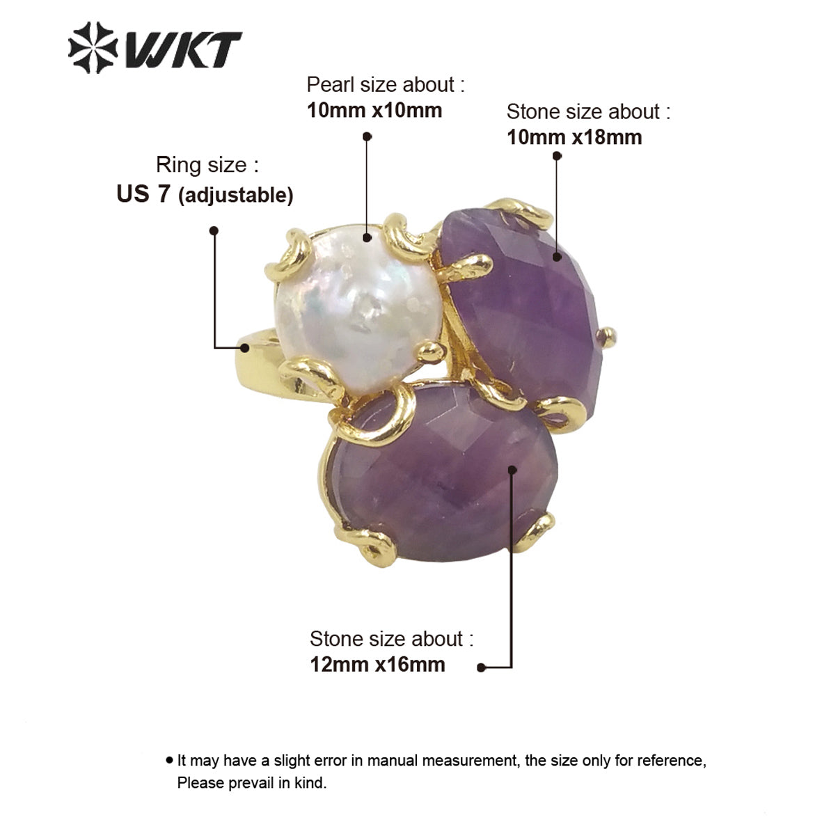 WT-R418 Women 18k Real Gold Plated Resist Tarnishable Triple Stone Prong Setting Natural Stone and Pearl Mix Party Ring