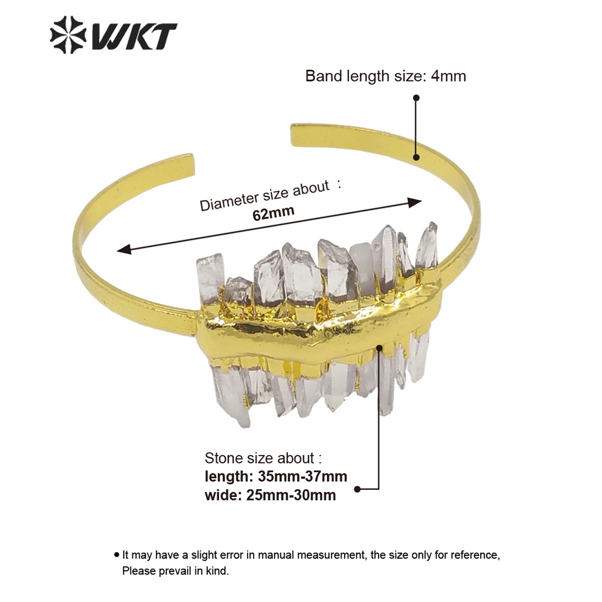 WKT-B583 Noble Generous Gold Electroplated Open Size Cuff Bangle Women Bohemian Natural While Crystal Quartz Gold Bangle