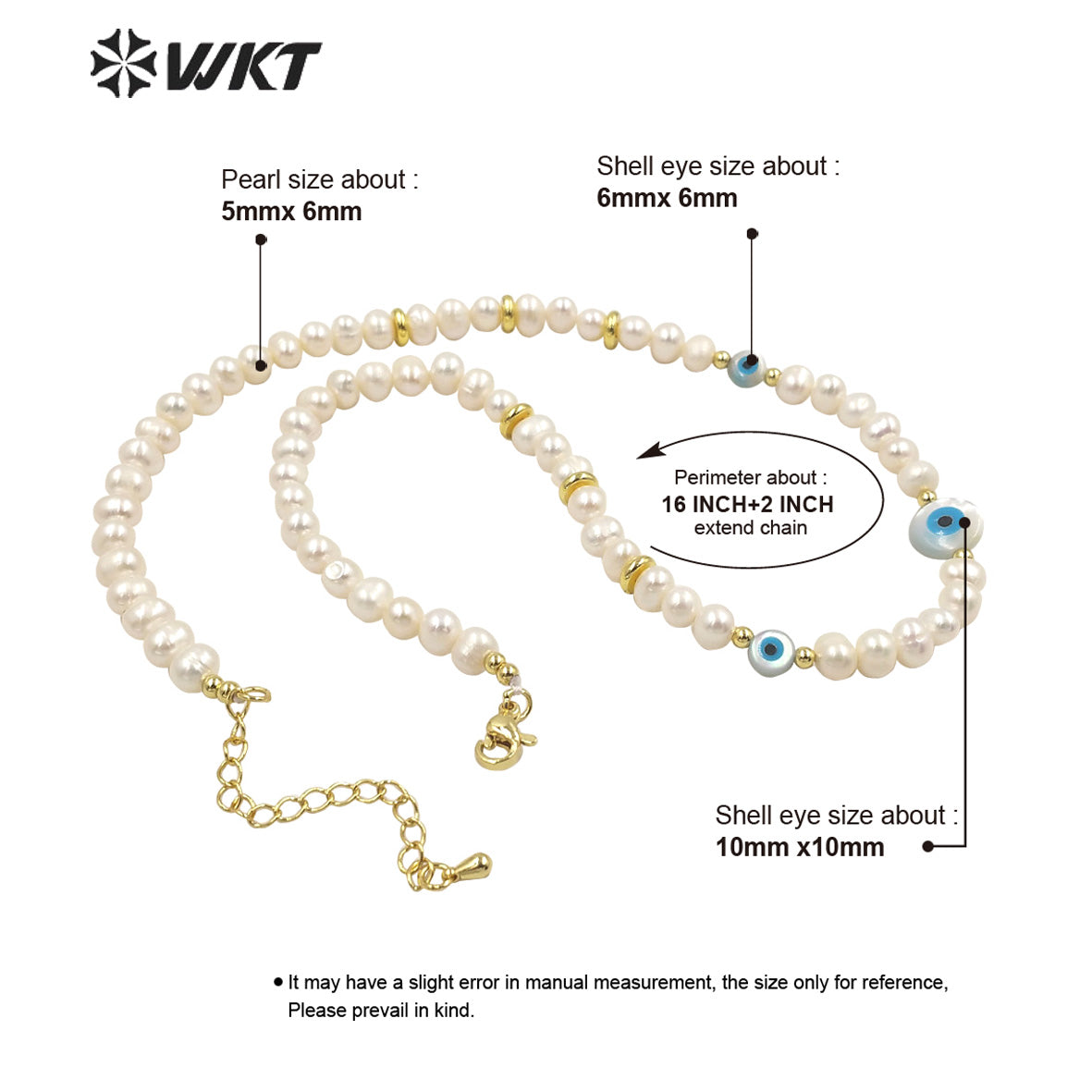 WT-JN201 Fashion Gorgeous Women Hand Strand Pearl Beads Necklace Irregular Potatoes Pearl Eye Charm Necklace in 16 Inch