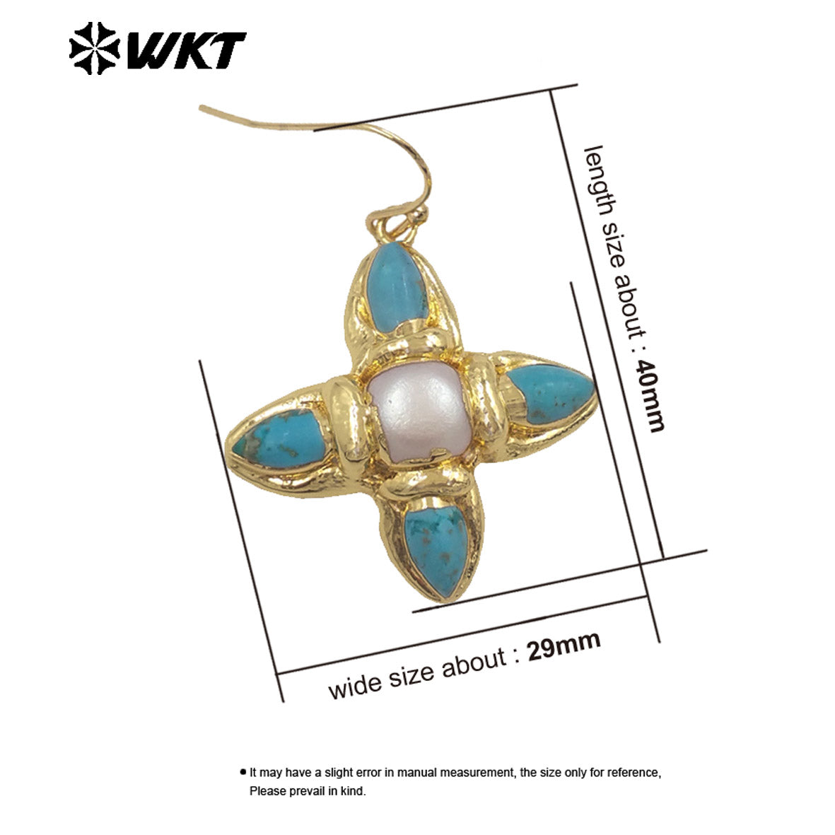 WT-E803 Exclusive Design Back Full Gold Plated Protruding Natural Turquoise And Pearl Cross Earrings As Unique Jewelry Accessory