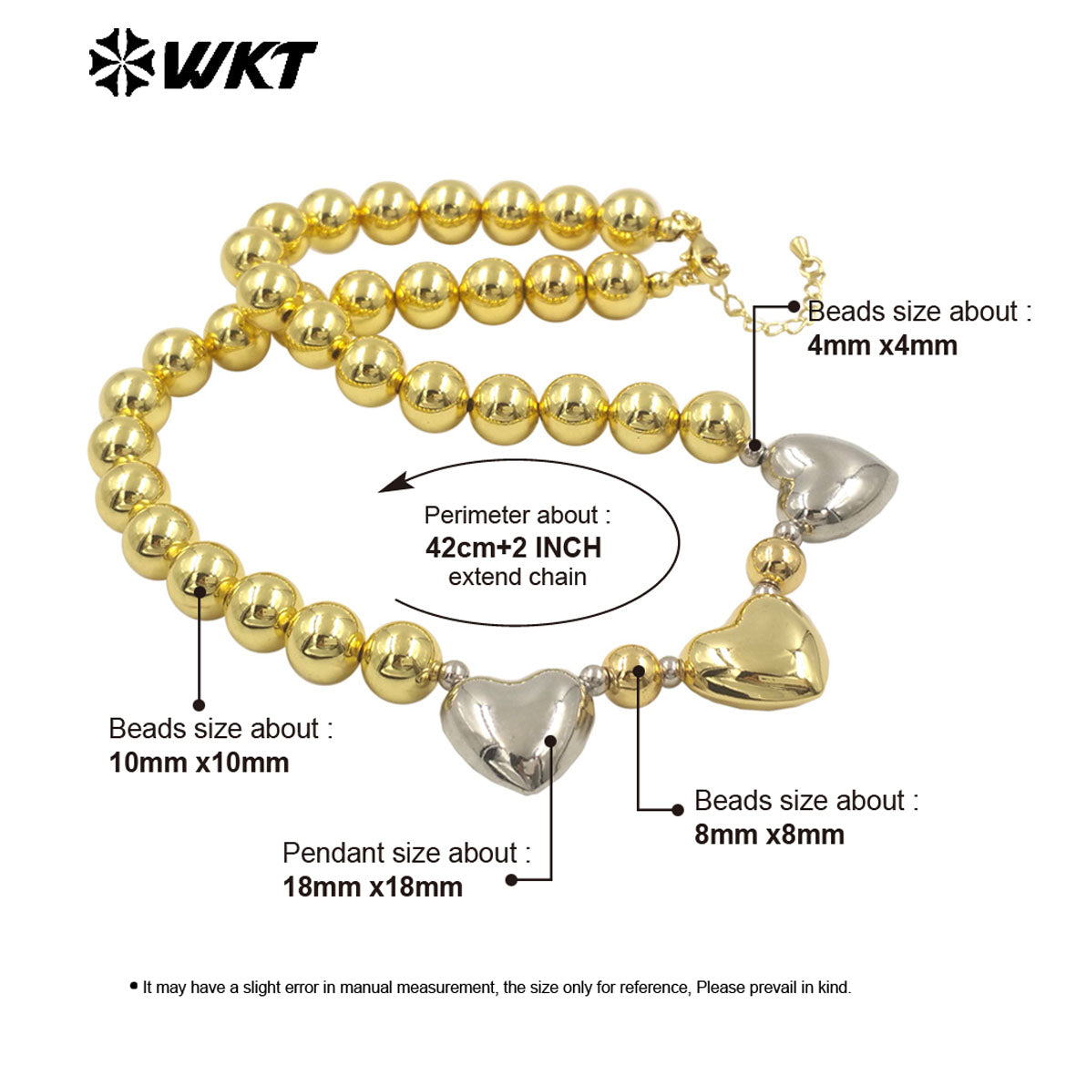 WT-JFN27 Wholesale New 18K Gold Plated Natural Yellow Brass Round Beads Love Shaped Women Fashion Necklace Jewelry Finished