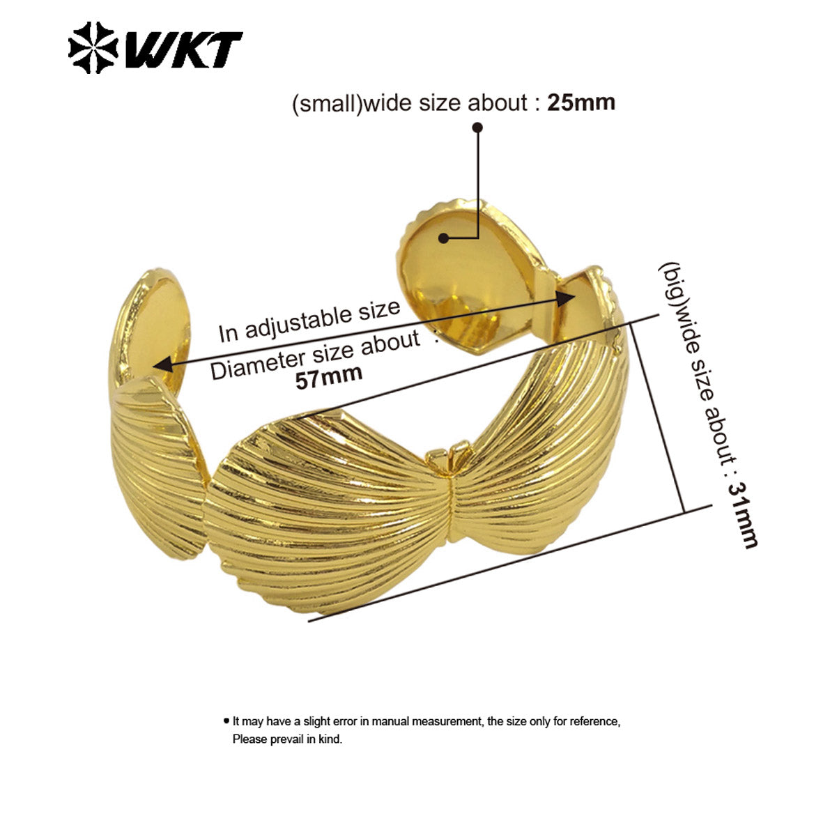 WT-JF361 Big Amazing Popular 18k Real Gold Plated Resist Tarnished Yellow Brass Scallop Shell Bangle in Adjustable Size