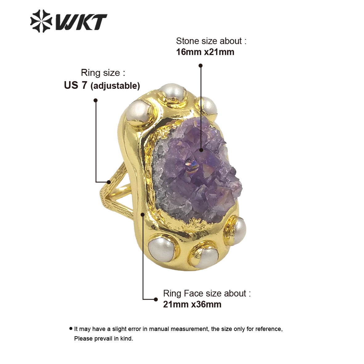 WT-R502 Fashion Women 18K Real Gold Plated Long Shape Natural Aura Druzy Amethyst Stone Ring With Freshwater Pearl Charms Around