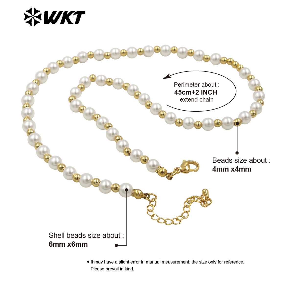WT-JFN21 WKT 18 Inch Long 6mm Artificial Shell Pearl Space Beads Hand Strand Necklace in Real Gold Plated