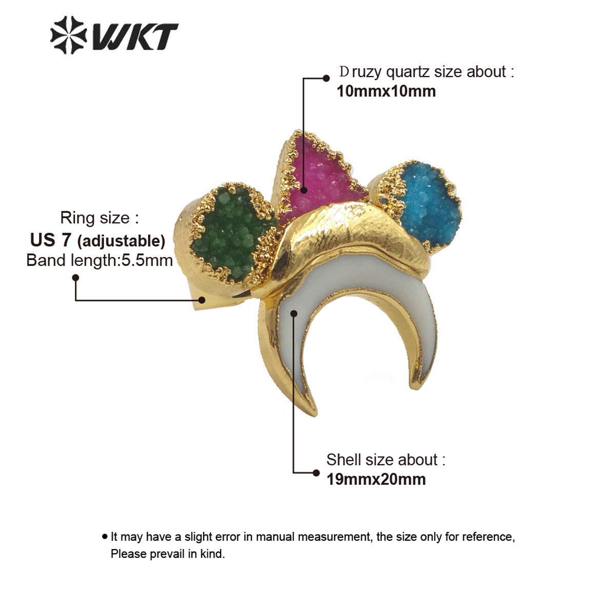 WT-MPR004 Amazing Unique Natural Druzy Stone Crescent Moon Ring High Quality Gold Electroplated Triple Stone Druzy Ring