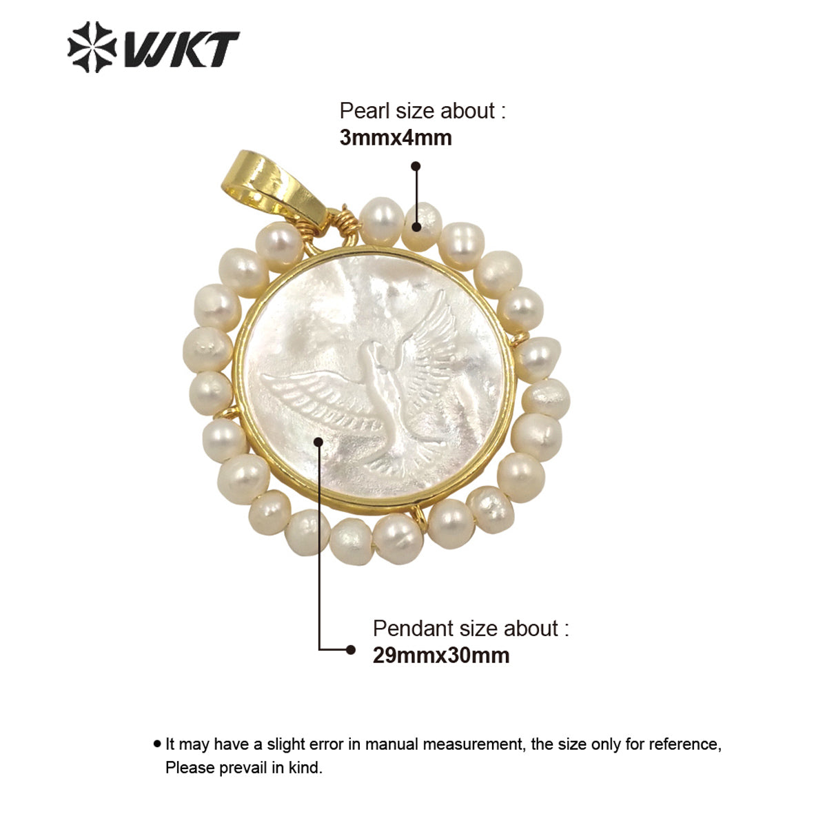 WT-JP263 Amazing WKT new design Gold bezel lucky white pearl pendant handmade wire wrapped round Peace pigeon pendant