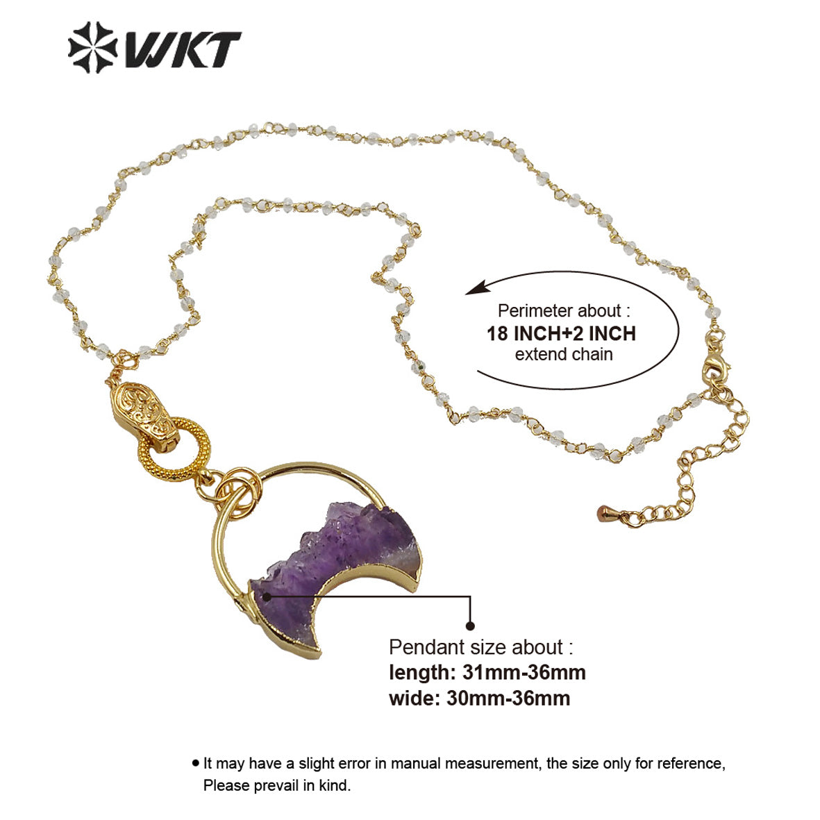 WT-N1218 New Design Magnet Buckle Necklace Natural Amethyst Necklace Fashion Lady Jewelry Natural Crescent Amethyst Necklace