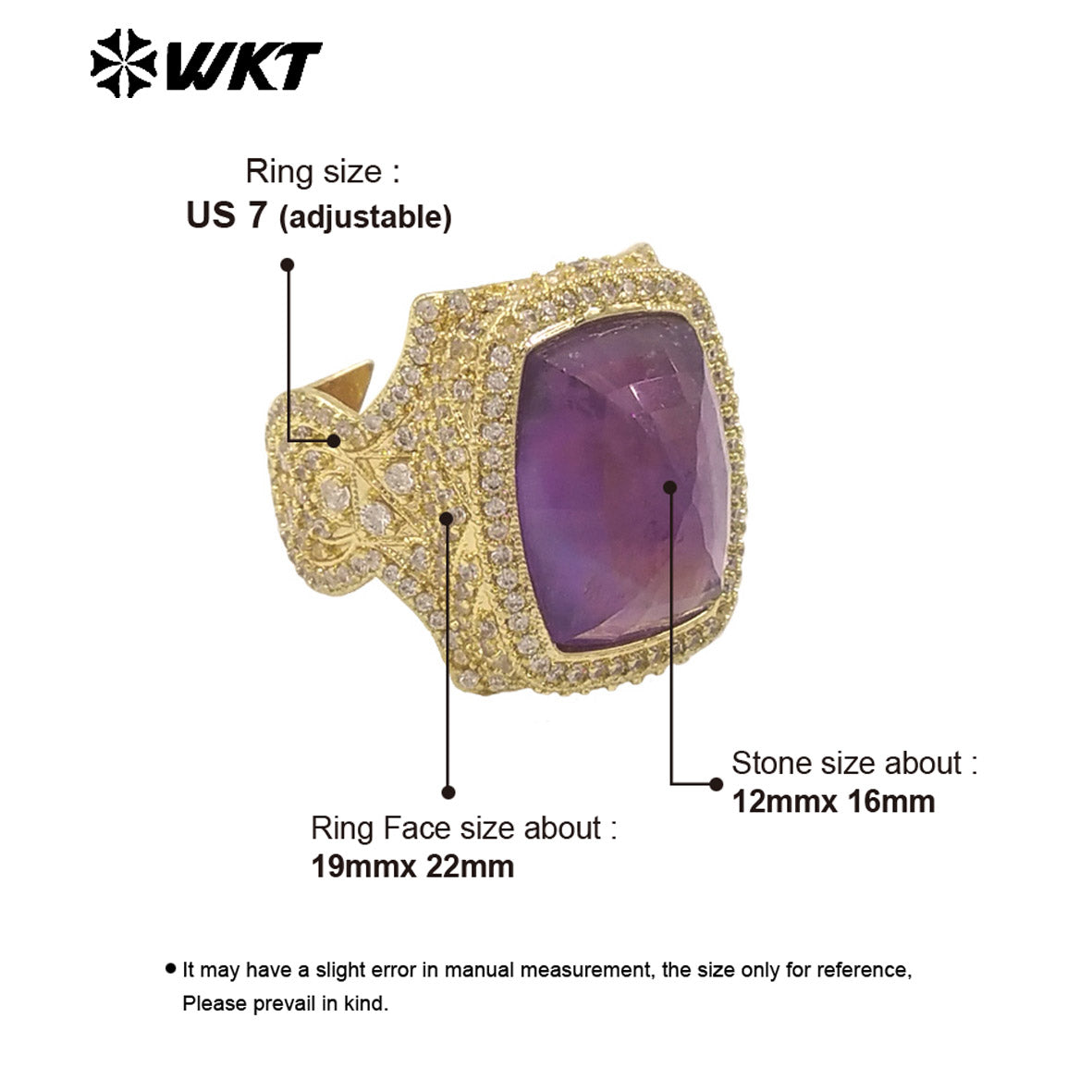 WT-MR033 Wholesale Fashion 18K Real Gold Plated Cubic Zircon and Natural Amazonite Amethyst Stone Ring for Women