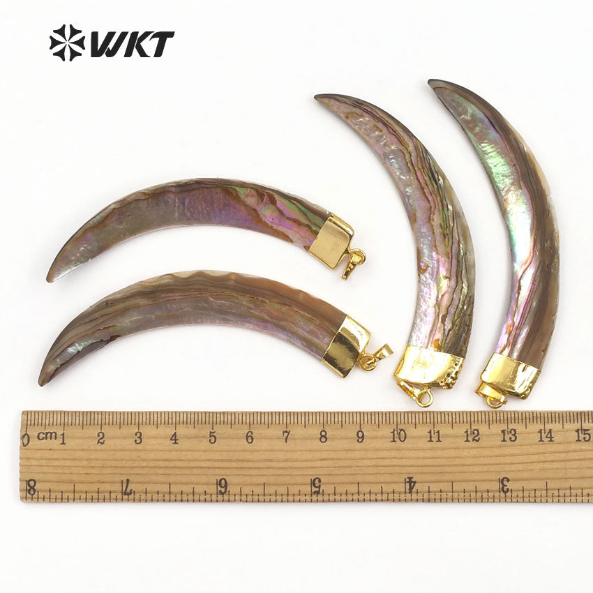 WT-JP063 Big Knife Shape Abalone Shell With Gold Capped Long Moon Women Stylish Necklace Pendant Natural Sea Shell Horn Pendant