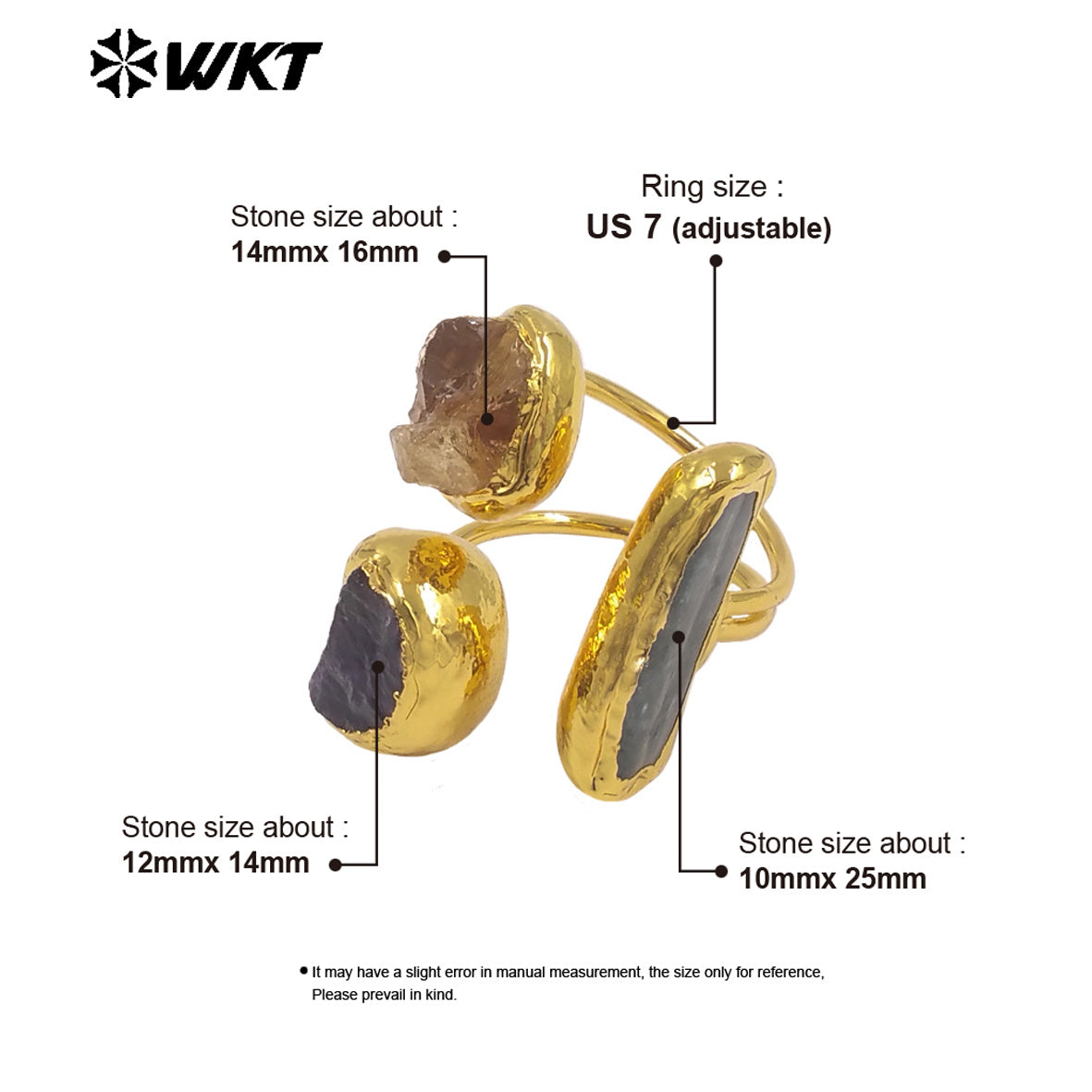 WT-R606 Vintage Style Gold Plated Three Natural Gemstones Triangle Women Adjustable Rings For Dance Party Matching Jewelry