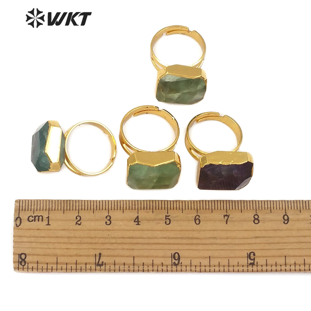 WT-R211 Natural rainbow Fluorite square Gemstone Rings, Fashion Raw Fluorite Stone Rings with 18K Gold Dipped